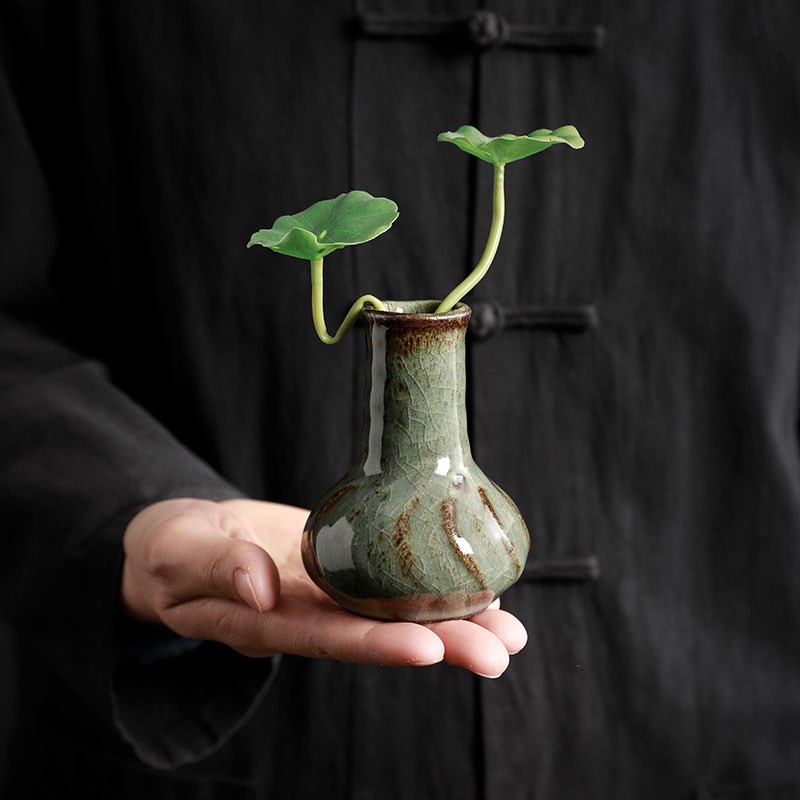 中式陶瓷花瓶花器桌面小摆件展示架茶桌复古插花水培植物铜钱草