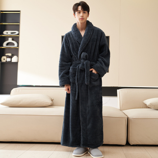 加厚加绒睡袍男冬季新款2023珊瑚绒保暖睡衣男士长版浴袍秋冬浴衣