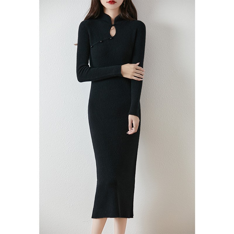 中式高级感纯羊毛连衣裙女改良旗袍秋冬针织修身显瘦气质打底长裙