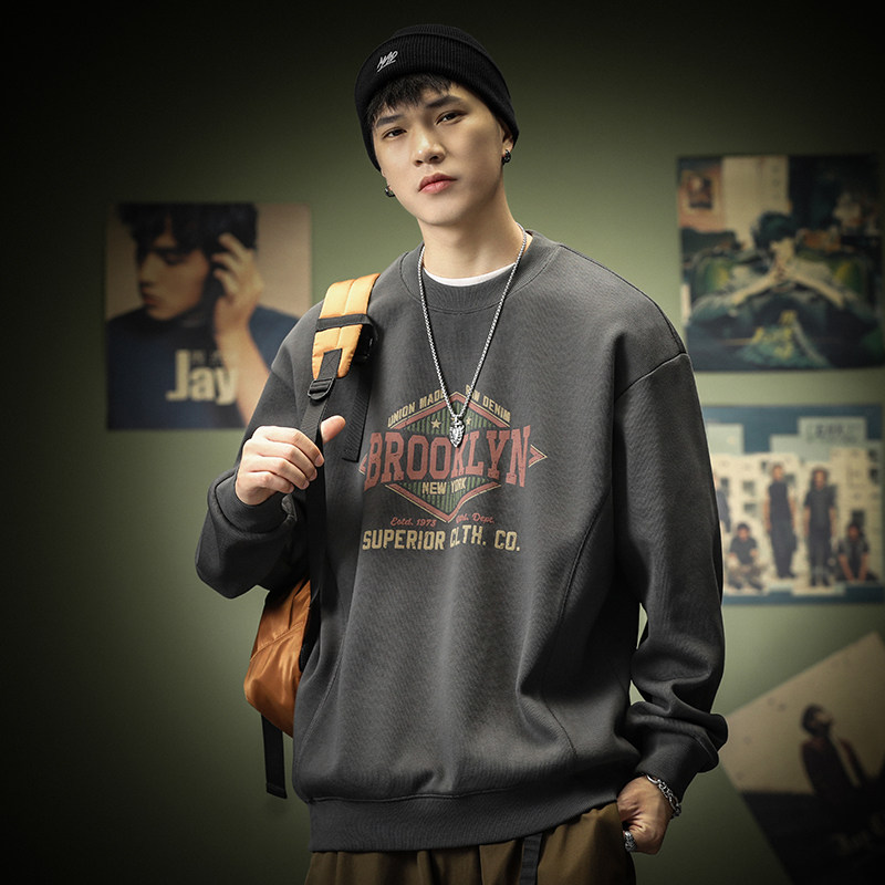 美式重磅圆领卫衣男士装春秋复古无帽外套加绒加厚宽松大码上衣潮