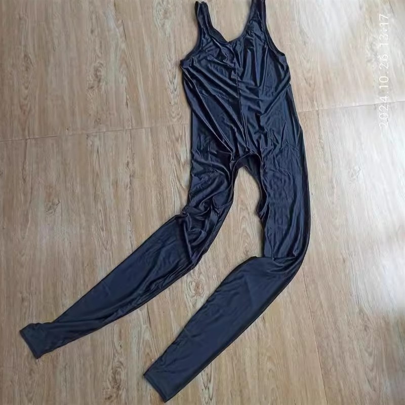 背心式九分光泽连体衣男士大码开裆油亮塑身衣无袖油光连身袜镂空