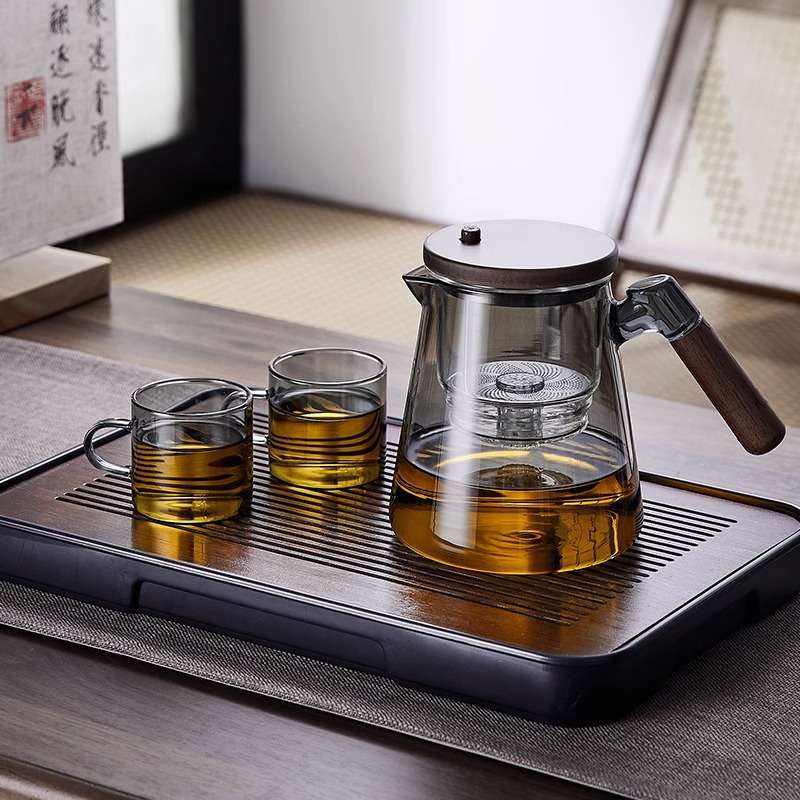 按压式飘逸杯耐热全玻璃内胆泡茶壶一键过滤胡桃木茶水分离冲茶器