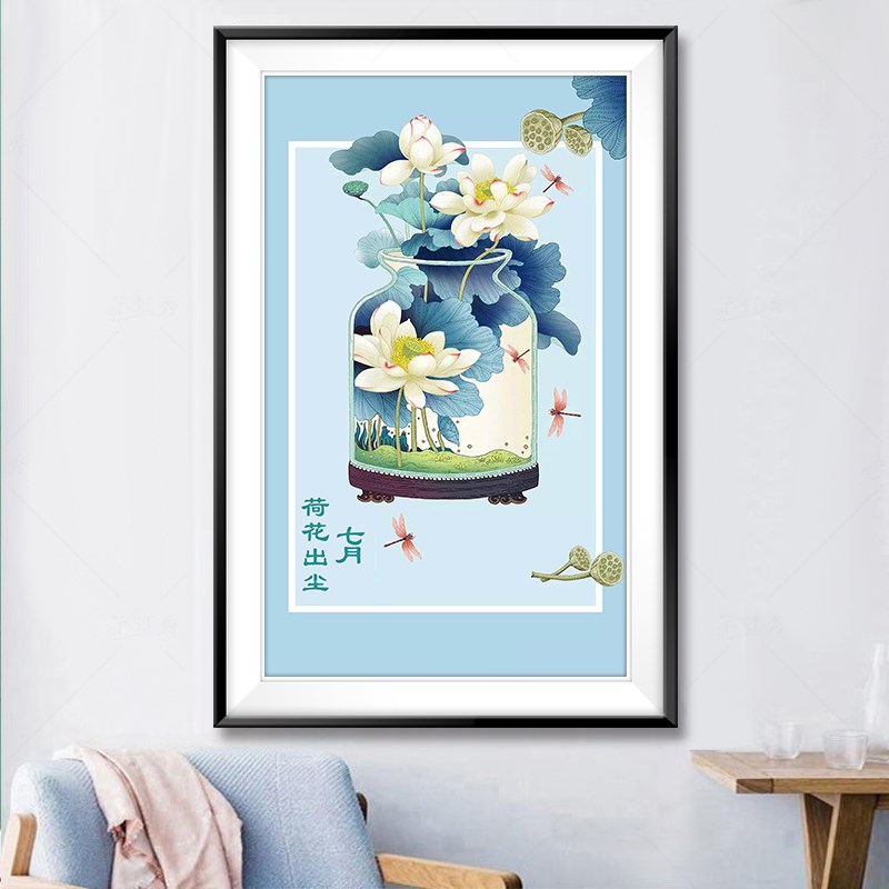 珠绣十字绣全珠子绣十二花令之七月荷花出尘新款串珠绣彩珠绣满绣