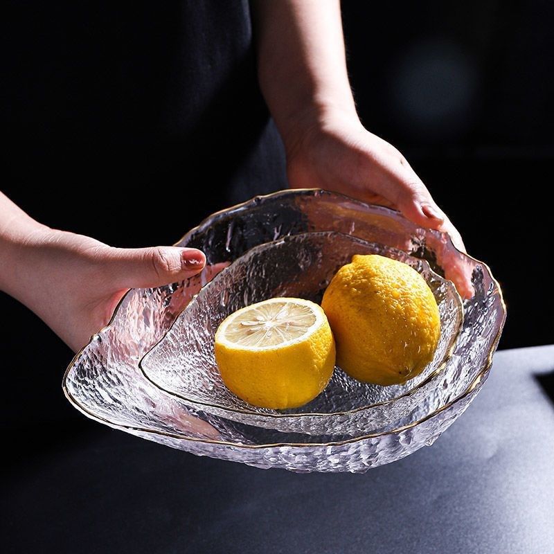 日式锤纹金边水滴玻璃碗简约透明盘子彩色沙拉碗零食盘干果水果盘