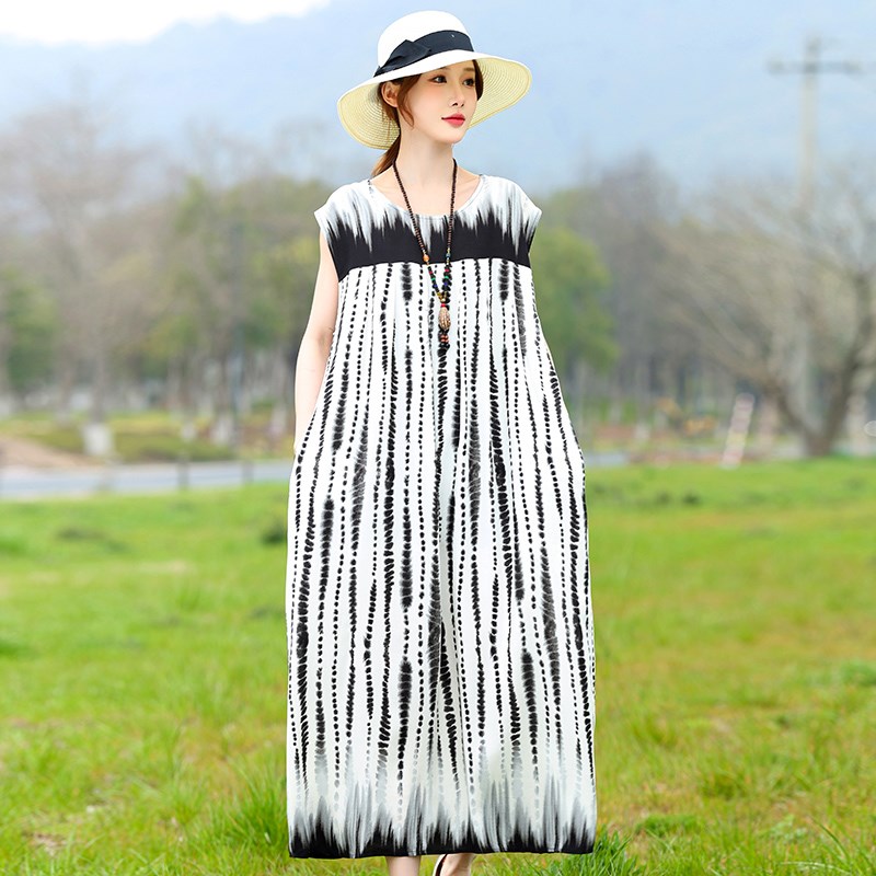 2024年新款纯棉绸连衣裙中长款碎花妈妈装洋气质夏装无袖背心裙子