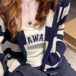 宽松显瘦短款 秋季 拉链连帽毛衣外套潮 女2024新款 BM条纹针织开衫