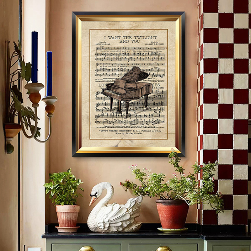 美式玄关装饰画2021新款高级感乐器复古钢琴上方挂画音乐教室壁画图片