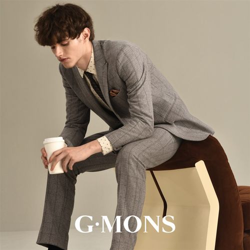 吉约蒙羊毛西服套装男棕色格子秋冬毛呢商务修身新郎结婚西装外套