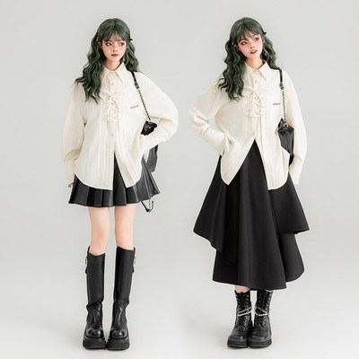 提花! 设计感绑带白色长袖衬衫女24秋季新款法式肌理感显瘦上衣