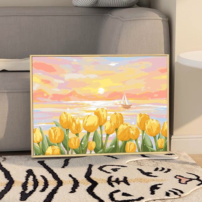 2024新款郁金香风景数字油画diy填充填色手工绘花卉丙烯画装饰画
