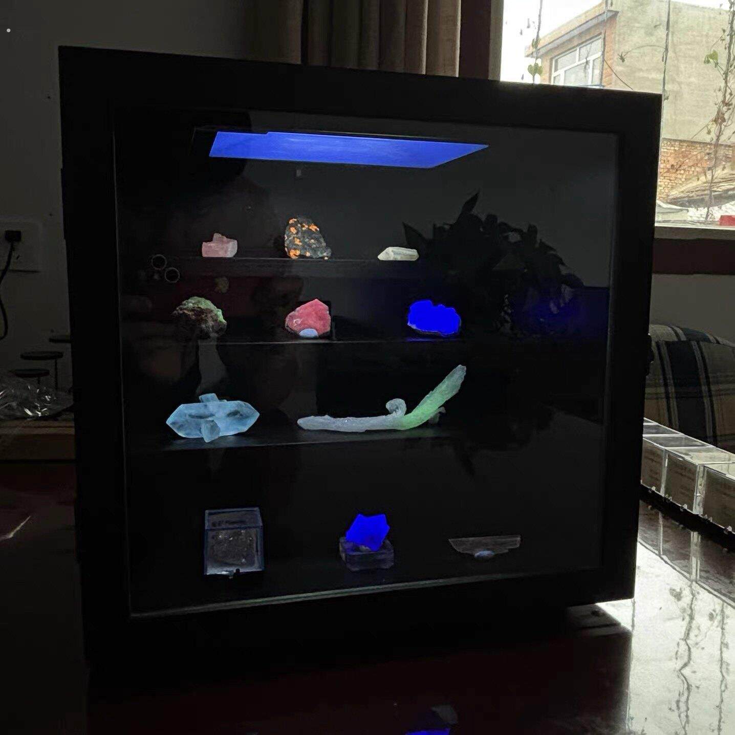 萤光矿物展柜365萤光白光双色灯小型展示柜 矿物晶体标本展示架