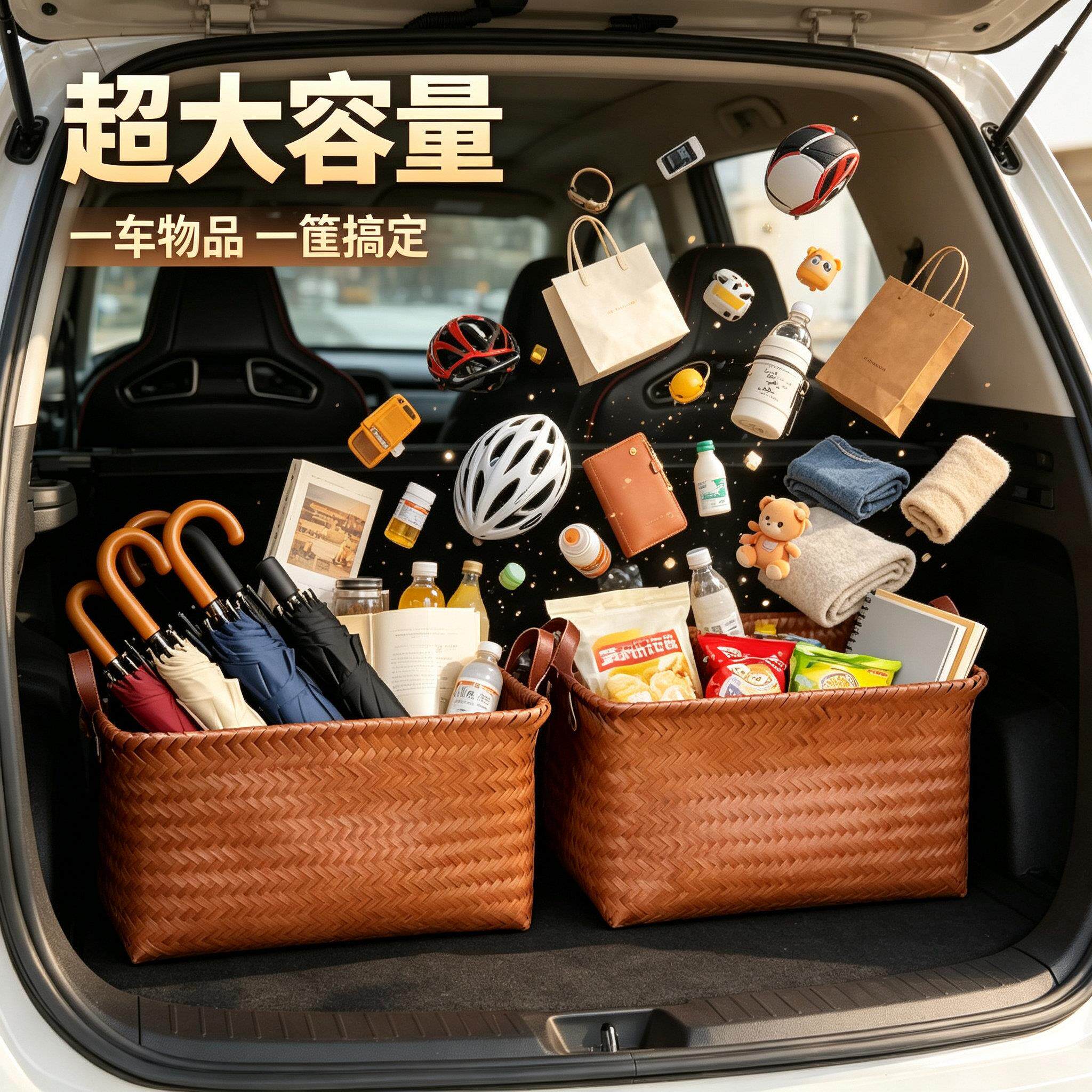 超大汽车后备箱收纳箱置物收纳筐副驾驶藤编防压抗造收纳篮车用品