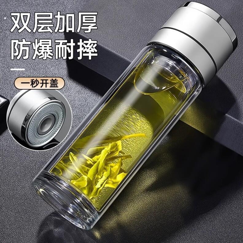 一键开盖车载玻璃杯防摔水杯2025新款男茶水分离杯双层高硼硅杯子