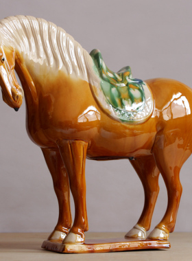 陶瓷马摆件洛阳唐三彩大马亮釉马静立勾头马家居办公室装饰工艺品
