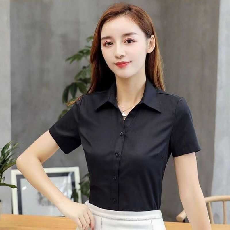 2024夏季新款V领黑色衬衫女短袖职业装ol修身气质衬衣酒店工作服