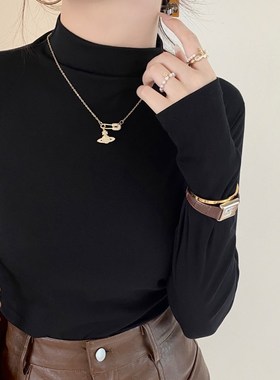 修身半高领灰色打底衫内搭女早秋长袖显瘦高级感洋气灰色秋冬上衣