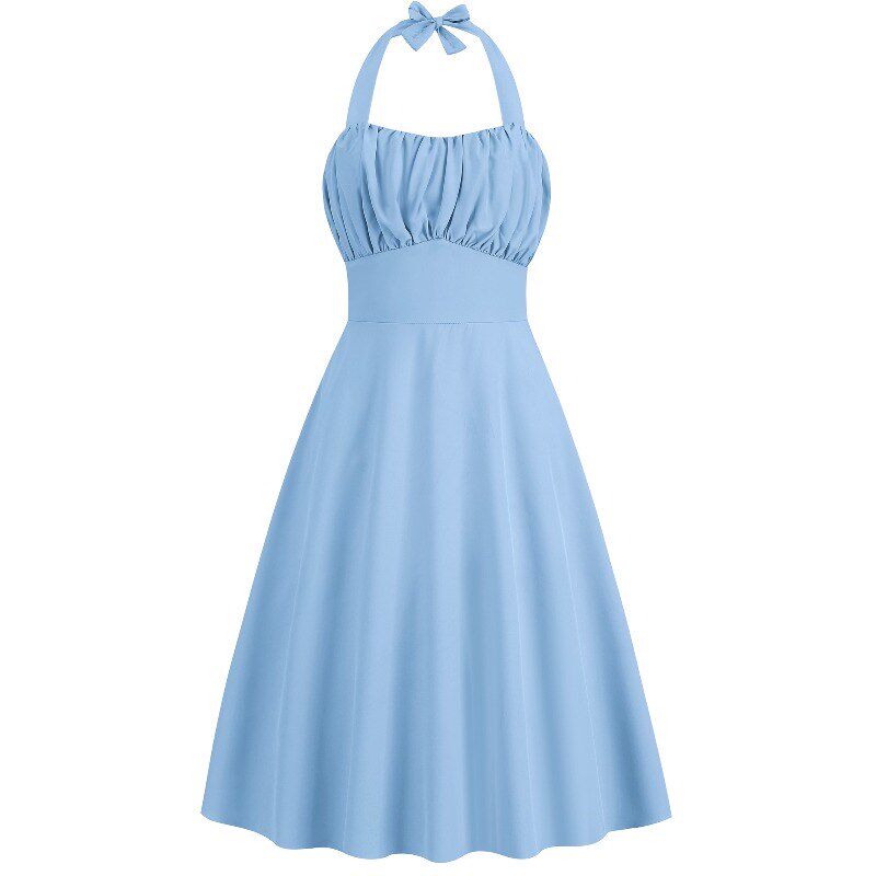 复古年代感粉色修身吊带挂脖系带两穿法A字中长款连衣裙晨袍礼服