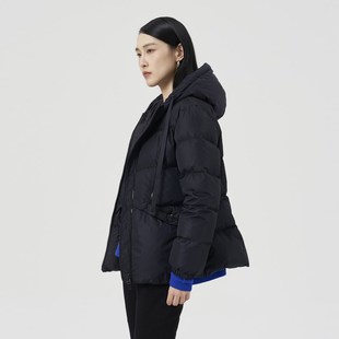 【90鹅绒】OTT冬季新款黑色连帽抽绳羽绒服女短款加厚鹅绒外套