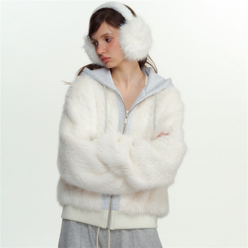 NS76 冬季新款环保皮草冬保暖假两件连帽针织拼接女宽松拉链外套