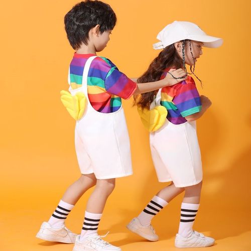 六一小班挖呀挖舞蹈服儿童可爱彩虹背带套装爱跳舞的小怪兽舞蹈服