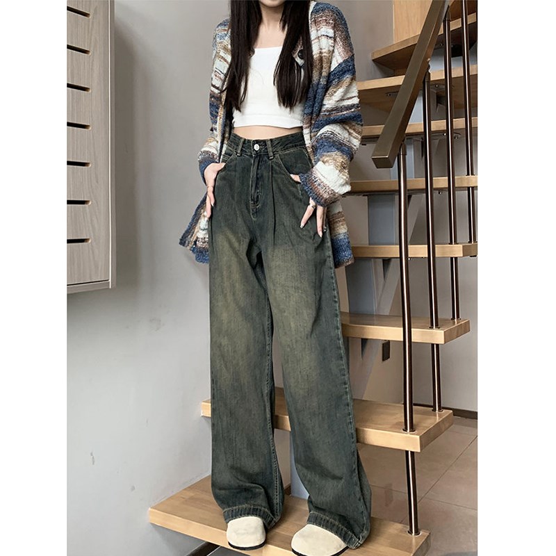 水泥灰阔腿牛仔裤女新款复古大码胖MM高腰宽松显瘦直筒拖地裤梨型