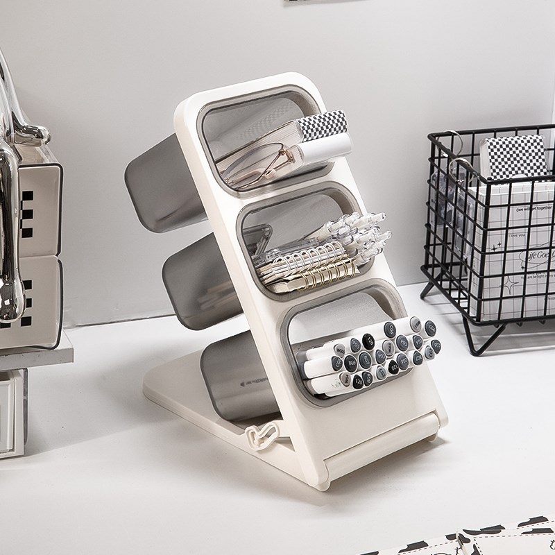 三分格斜插笔筒马克笔水彩笔收纳盒轻奢高级感办公室桌面创意笔架