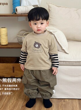 婴幼儿春秋季新款长袖假两件T恤男童休闲裤套装宝宝宽松衣服长裤