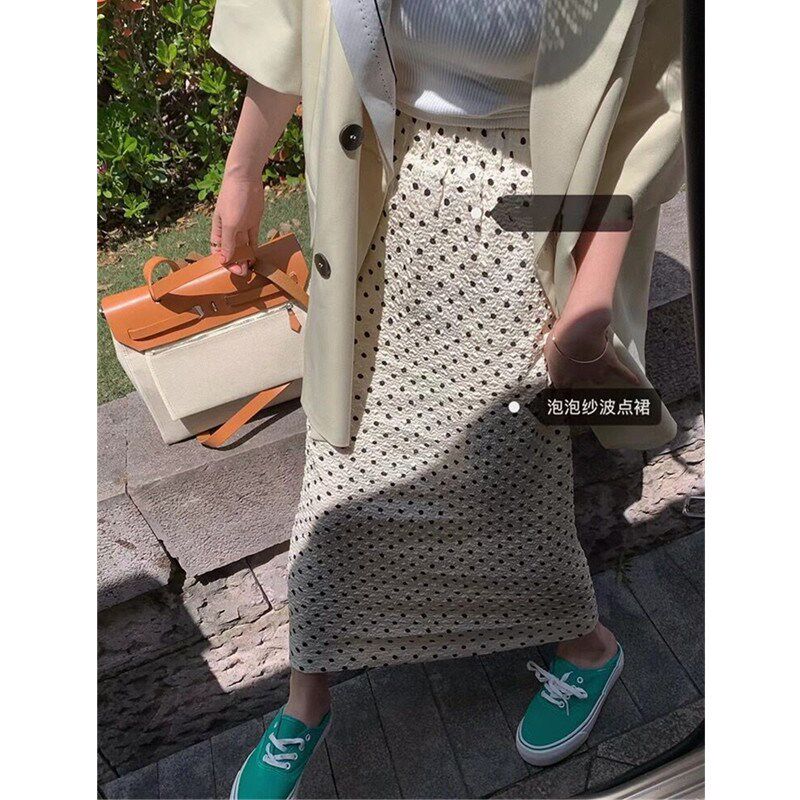 2024夏季新款复古白色波点半身裙女大码肌理感小个子a字直筒长裙
