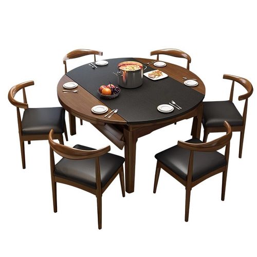 火烧石餐桌可伸缩圆桌家用带电磁炉小户型饭桌北欧实木餐桌椅组合