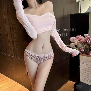 女镂空性感系带三角裤 豹纹蕾丝内裤 中腰棉蝴蝶结 布蕾甜豹 LAria