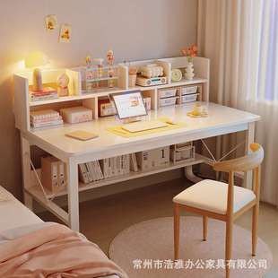 实木电脑桌卧室书桌子学生学习桌简约写字桌书架一体办公桌