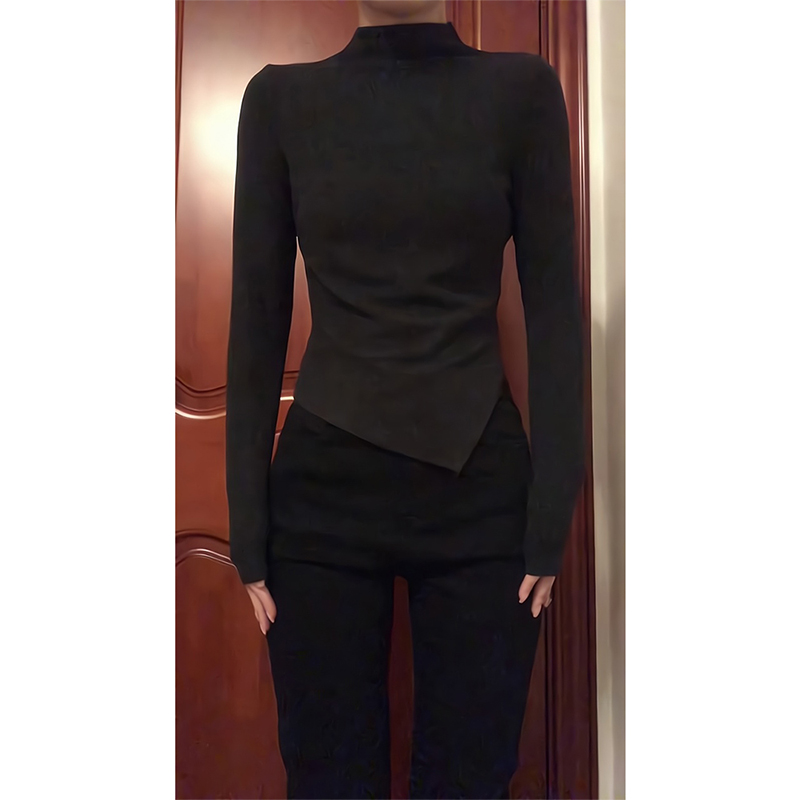 黑色半高领内搭针织衫女秋冬不规则高级感打底衫羊绒毛衣中领上衣