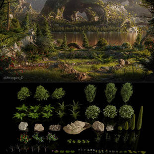 Blender科幻森林山林场景野外生态环境植被树木灌木3D模型资产包