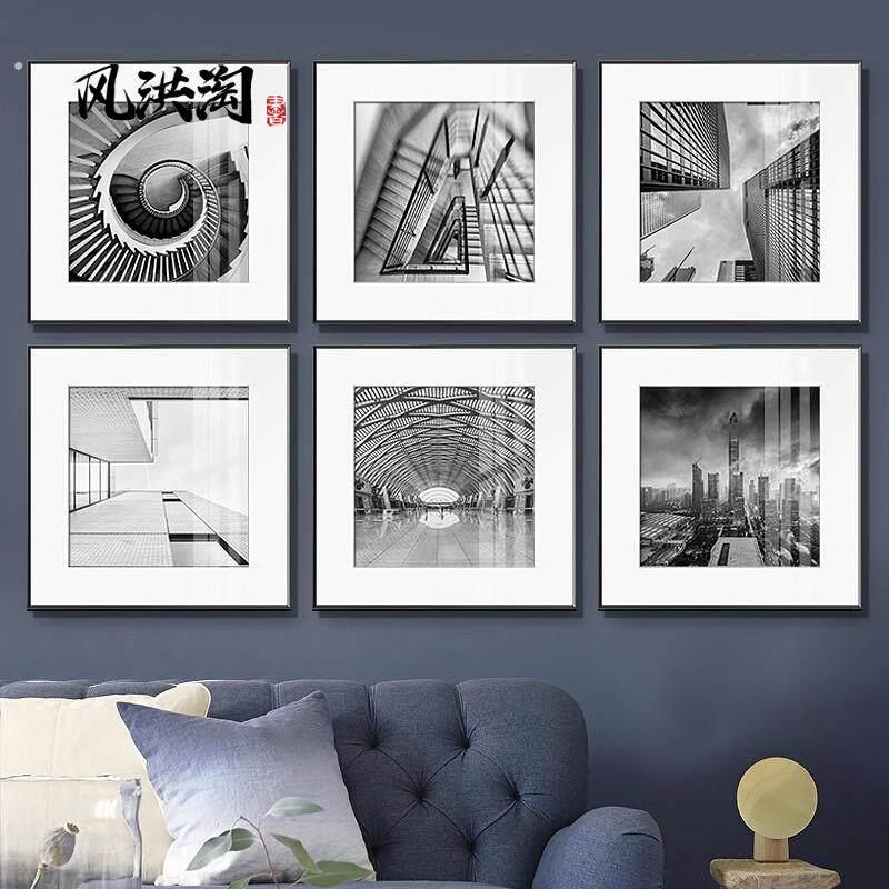 黑白摄影照片挂画建筑正方形工业风装饰画客厅沙发背景玄关样板画