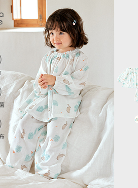 考拉鼻鼻[柔软透气套装·清凉竹棉纱布]女童可爱兔兔日记上衣裤子