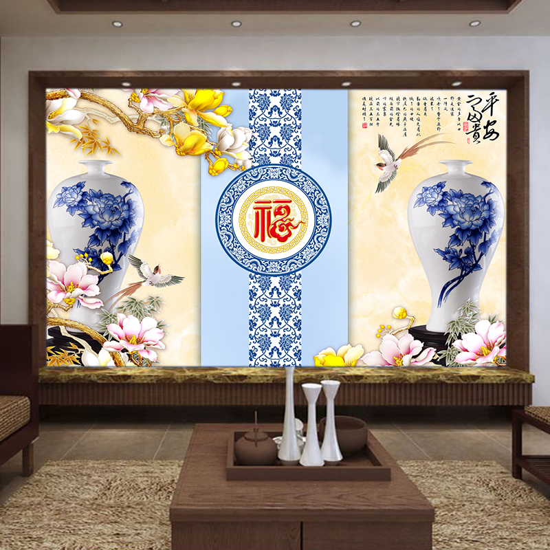 青花瓷图案壁纸贴纸防水墙面装饰中式贴画超大自粘中国风墙壁墙贴图片