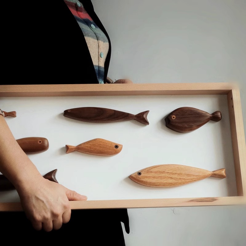 原木小鱼装饰立体挂画diy实木新中式日奶油风客厅玄关高档背景墙图片