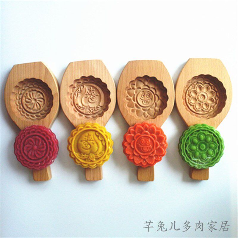 125克月饼印模子9.2厘米大号立体花样实木榉木馅饼南瓜饼模具