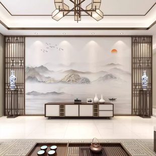 水墨山水壁布客厅电视背景墙壁纸沙发影视壁画墙布 现代轻奢新中式
