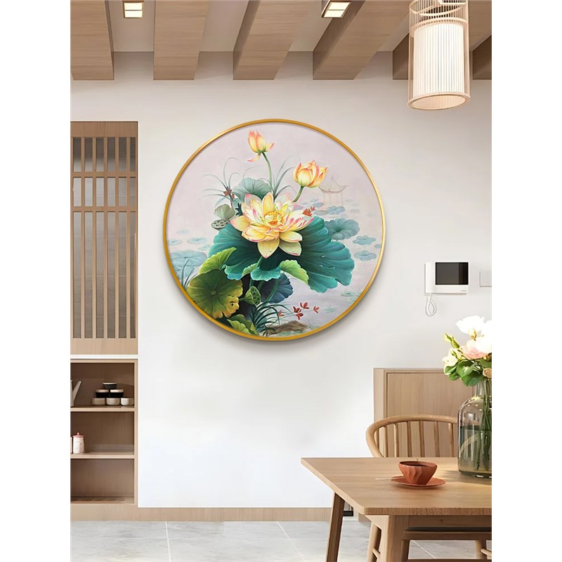 新中式荷花圆形画玄关装饰画过道壁画花卉油画餐厅背景墙挂画手绘图片