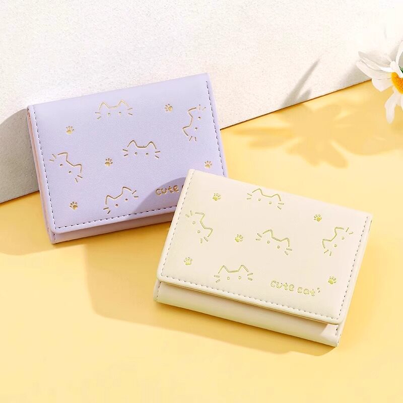新款短款折叠小钱包女式小众设计可爱印花猫咪迷你钱夹零钱卡包薄