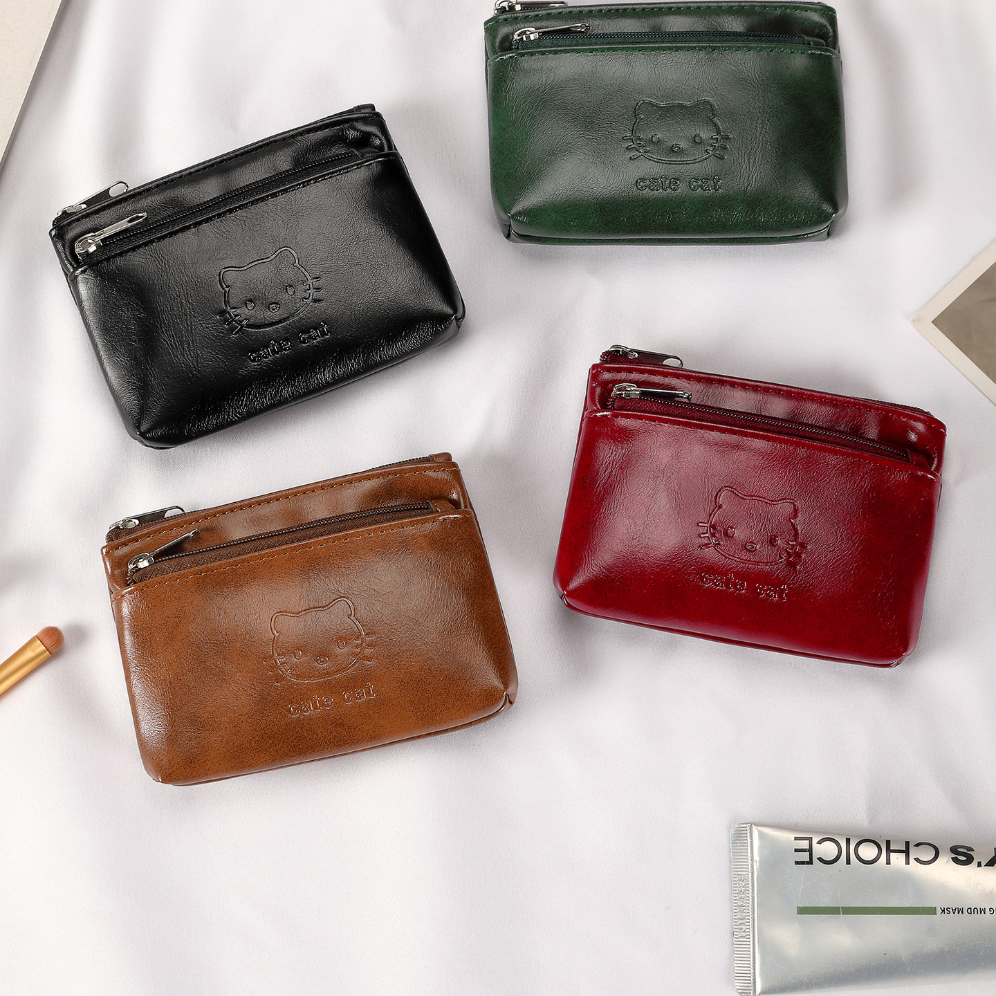 拉链小卡包复古KT猫女式零钱包