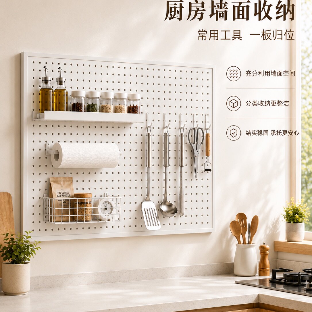 厨房上墙洞洞板收纳架带框置物调料厨具纸巾小物一板归位更省空间