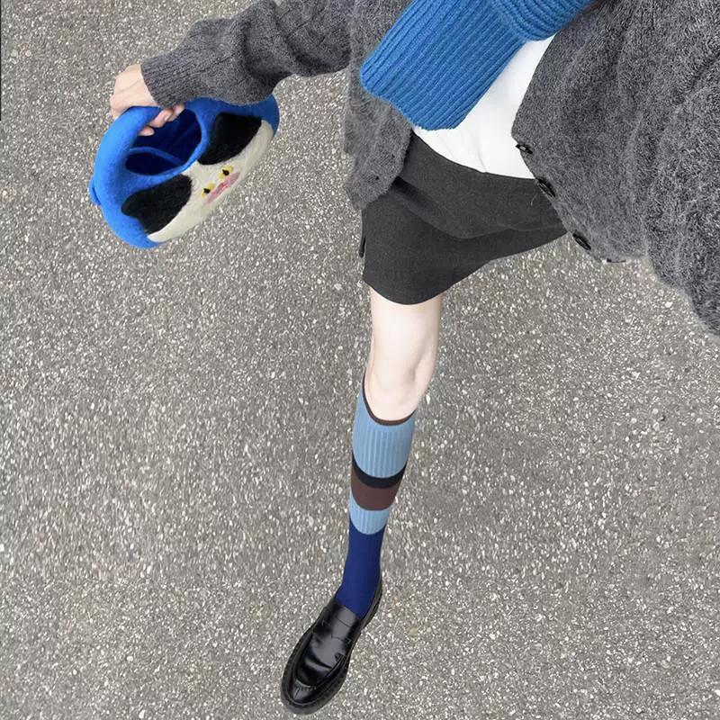 蓝色条纹袜子配小皮鞋女精梳棉拼色小腿袜日韩系学院风堆堆长筒袜