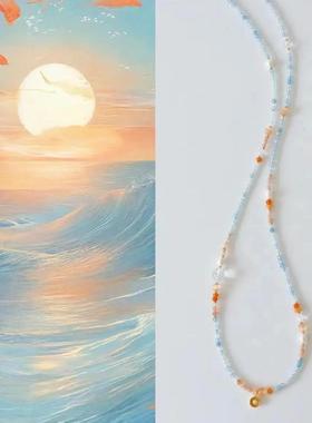 「海听」高级感海蓝宝长款串珠项链新中式国风清新淡雅小众设计感