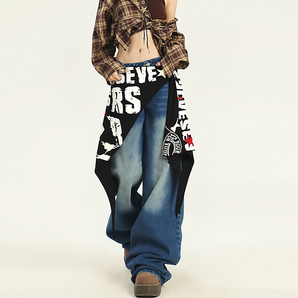 美式复古星星字母印花绑带屁帘女