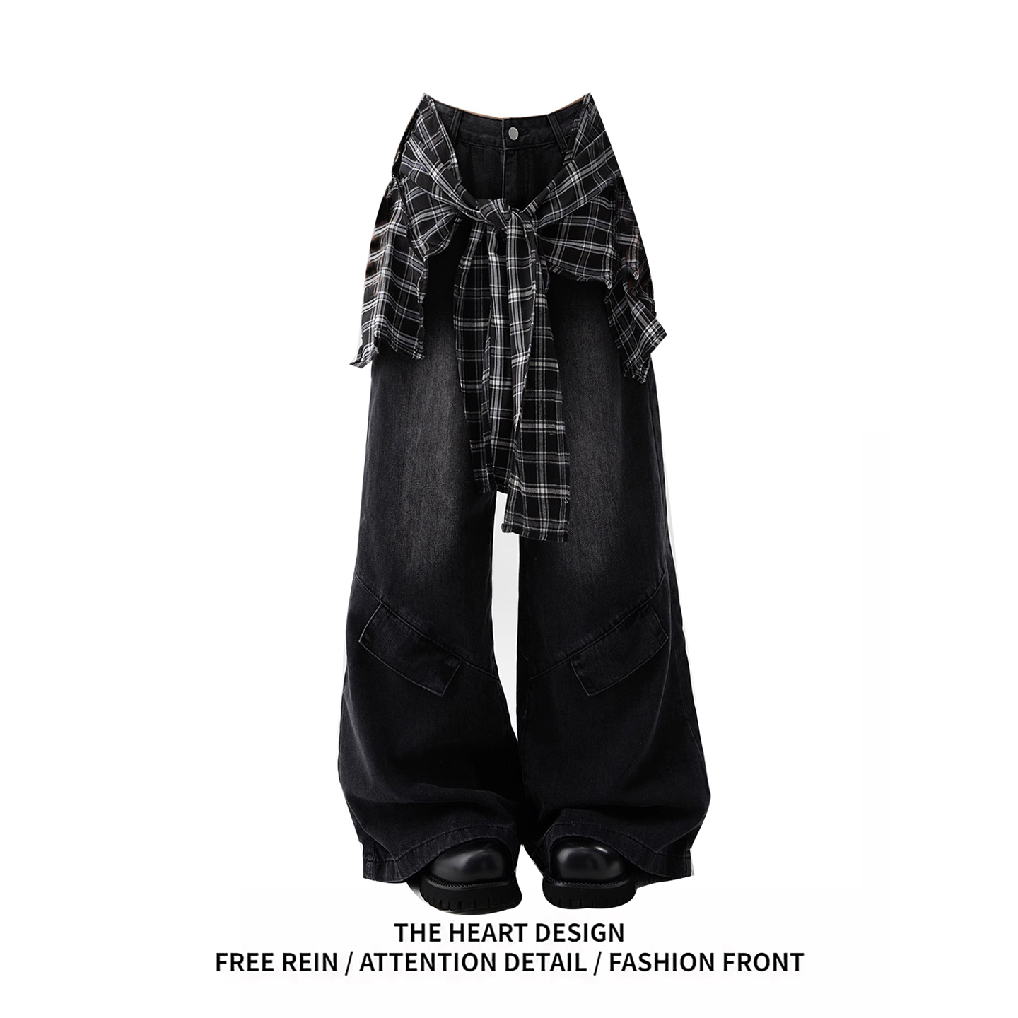 美式高街复古阔腿屁帘牛仔裤长裤