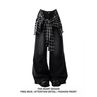 美式高街复古阔腿屁帘牛仔裤长裤