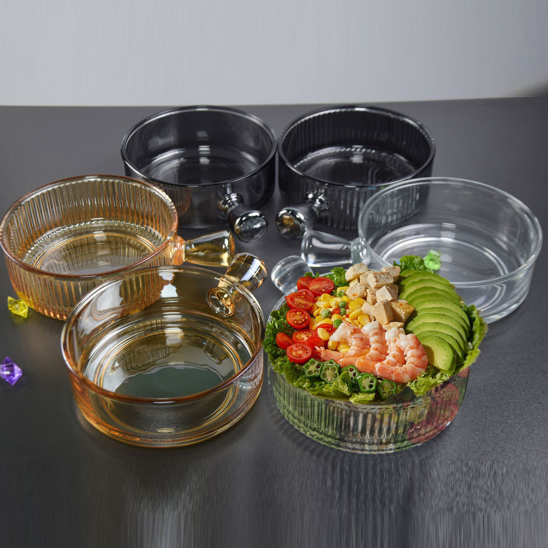 把玻璃碗水果沙拉碗家用甜品酸奶碗手柄泡面碗烘焙焗饭碗把手盘