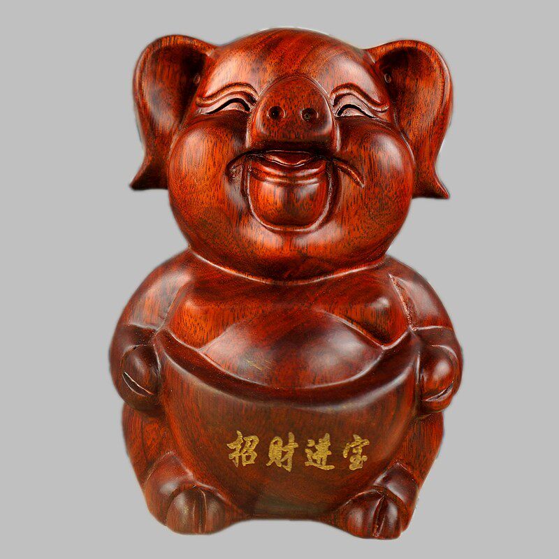 东阳木雕福猪摆件木质红木猪工艺品招财十二生肖实木绿色木猪动物